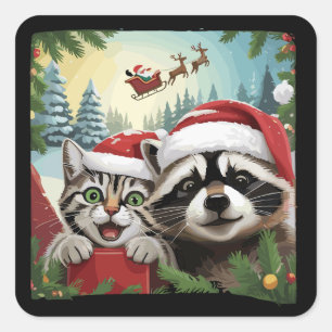 Cat Selfie With Santa's Sleigh Weird Racoon Xmas Square Sticker