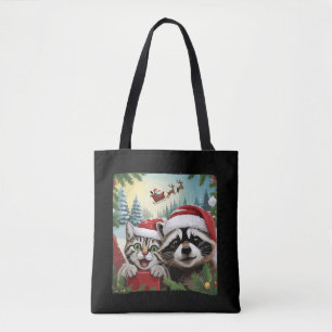 Cat Selfie With Santa's Sleigh Weird Racoon Xmas Tote Bag