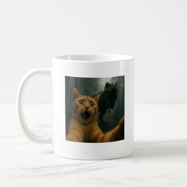 Cat Selfie With T-Rex Dinosaur Comedy Animal Coffee Mug (Left)