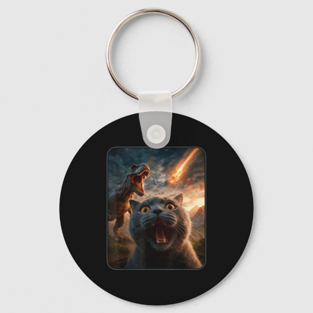 Cat Selfie With T-rex Dinosaur Funny Cat T Rex Shi Key Ring (Front)
