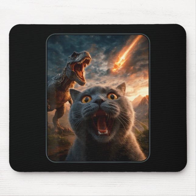 Cat Selfie With T-rex Dinosaur Funny Cat T Rex Shi Mouse Pad (Front)