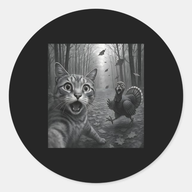 Cat Selfie With Turkey Funny Happy Thanksgiving Da Classic Round Sticker (Front)