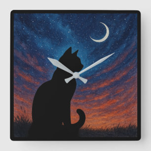 Cat Silhouette - Crescent Moon Night Sky Square Wall Clock