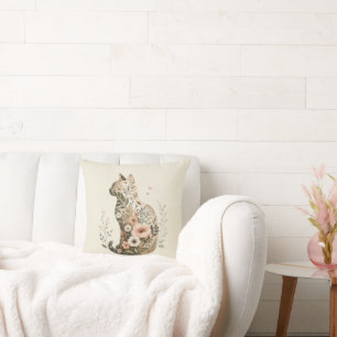 Cat Silhouette Floral Boho Wildflower Cushion