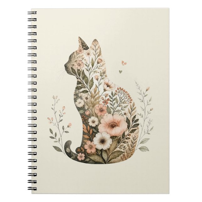  Cat Silhouette Floral Boho Wildflower Notebook (Front)