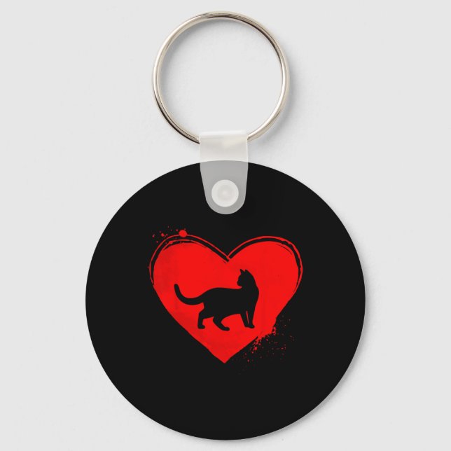 Cat Silhouette Heart Shape Valentine Cat Lovers  Key Ring (Front)