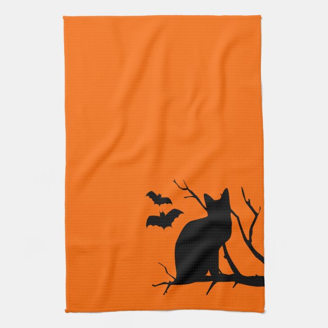 Cat Silhouette Orange Halloween Kitchen Towel (Vertical)