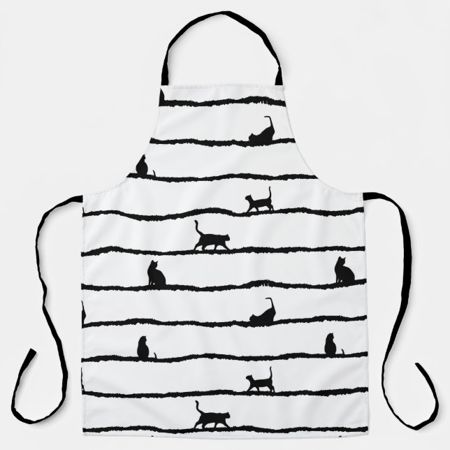Cat Silhouette Stripes Abstract Hand Drawn Pattern Apron (Front)