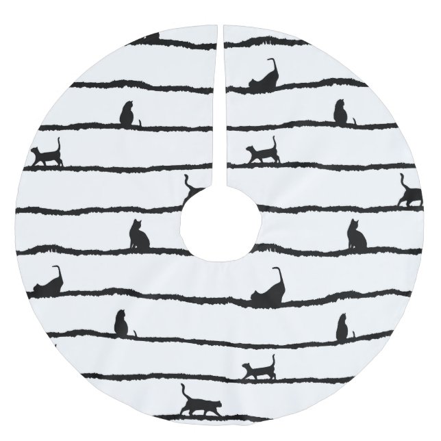 Cat Silhouette Stripes Abstract Hand Drawn Pattern Brushed Polyester Tree Skirt (Front)