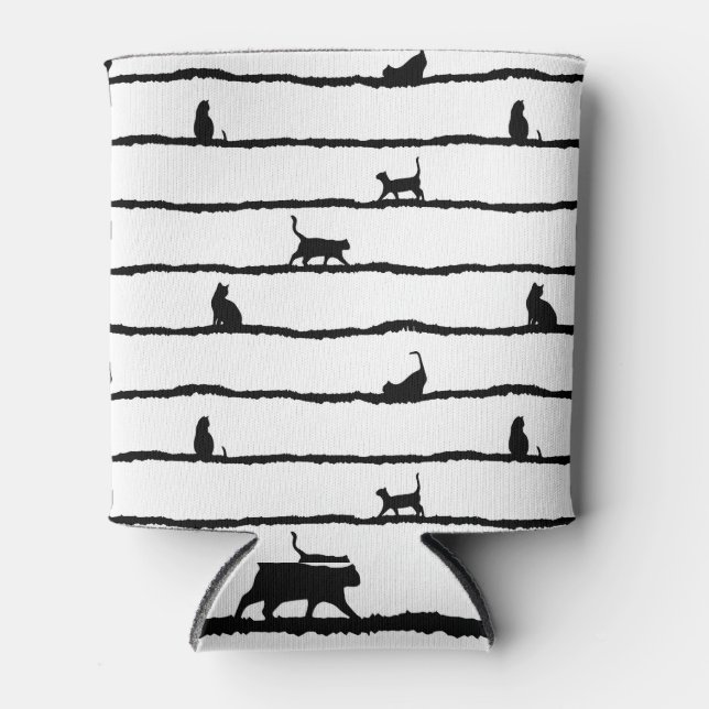 Cat Silhouette Stripes Abstract Hand Drawn Pattern Can Cooler (Front)