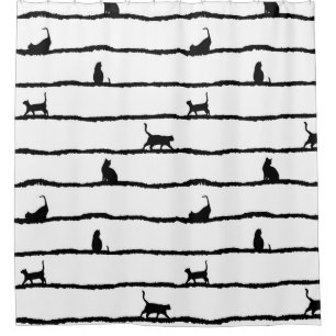 Cat Silhouette Stripes Abstract Hand Drawn Pattern Shower Curtain