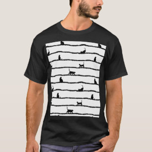 Cat Silhouette Stripes Abstract Hand Drawn Pattern T-Shirt