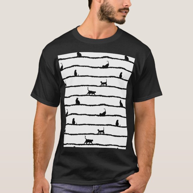 Cat Silhouette Stripes Abstract Hand Drawn Pattern T-Shirt (Front)