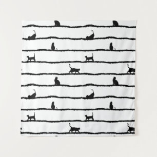 Cat Silhouette Stripes Abstract Hand Drawn Pattern Tapestry