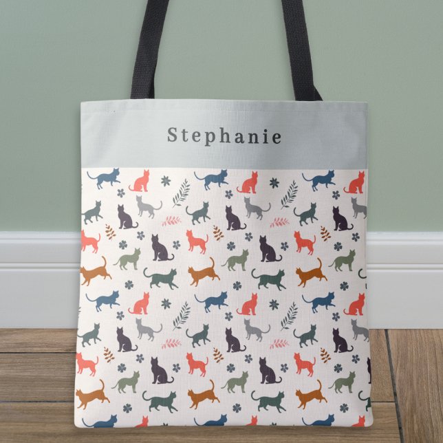 Cat Silhouettes Animal Pattern Modern Personalised Tote Bag (A stylish personalized tote bag patterned with cat silhouettes in various colors)