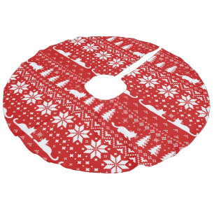 Cat Silhouettes Christmas Sweater Style Pattern Faux Linen Tree Skirt