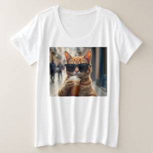 Cat Sipping Coffee On A Street Plus Size T-Shirt