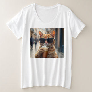 Cat Sipping Coffee On A Street Plus Size T-Shirt