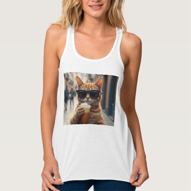 Cat Sipping Coffee On A Street Singlet (Front)
