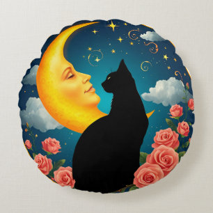 Cat Sitting Before Moon With Roses And Starry Sky Round Cushion