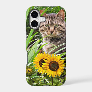 Cat Sitting in Garden with Sunflowers
