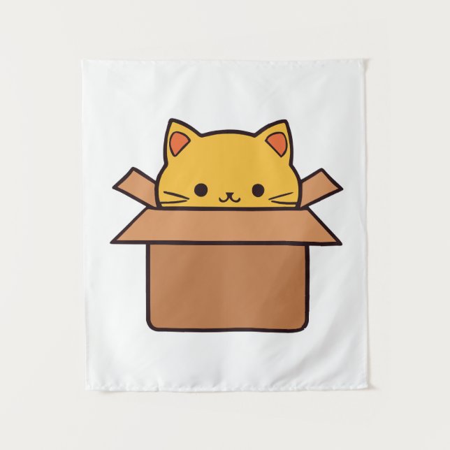 Cat sitting inside cardboard box tapestry (Front)
