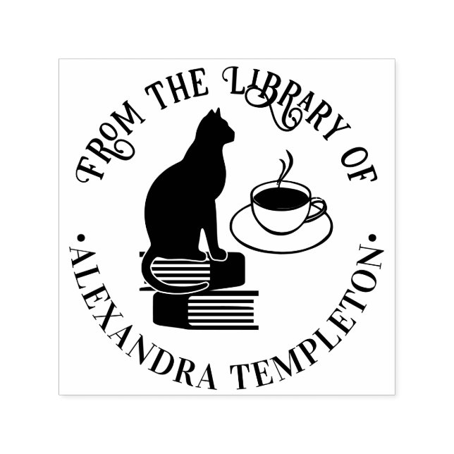 Cat Sitting on Books, Coffee Library Book Name Self-inking Stamp (Design)