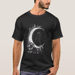Cat Sitting On Crescent Moon Flowers Stars Drawing T-Shirt