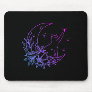 Cat Sitting On Crescent Moon Flowers Stars Women G Mouse Pad
