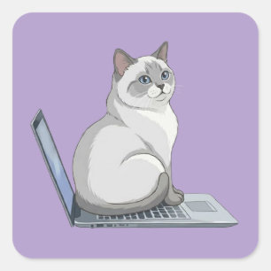 Cat Sitting on Laptop Keyboard Cute Working Cat Square Sticker