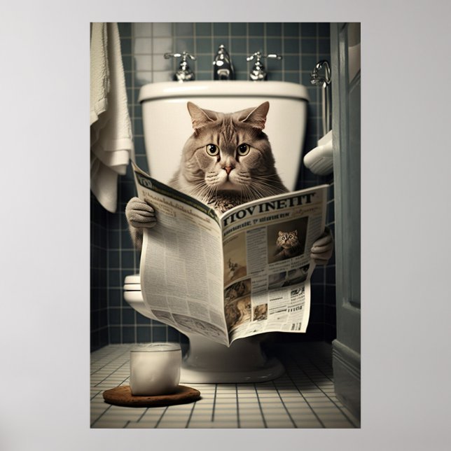 Cat Sitting on the Toilet Reading a Newspaper Poster (Front)