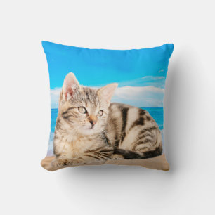 Cat Sitting on Tropical Island Beach Cushion