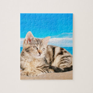 Cat Sitting on Tropical Island Beach Jigsaw Puzzle