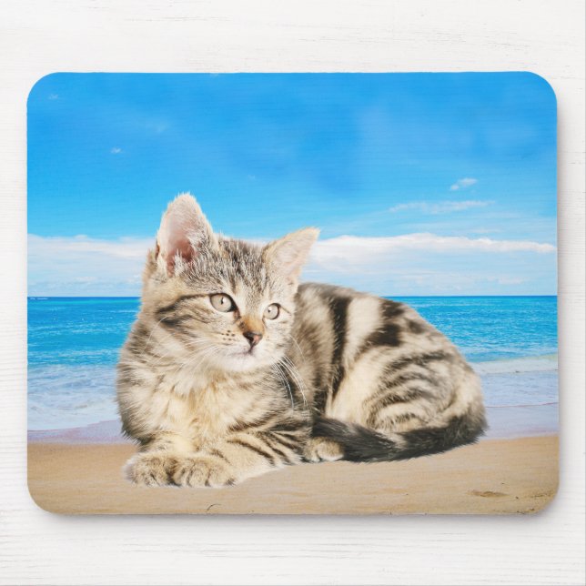 Cat Sitting on Tropical Island Beach Mouse Pad (Front)