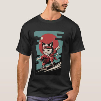 Cat Skateboarding Vintage Japanese Ukiyo-e Art T-Shirt