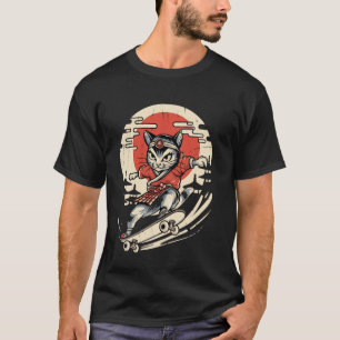 Cat Skateboarding Vintage Japanese Ukiyo e Art T-Shirt