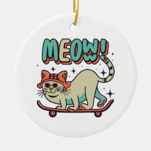 Cat Skating Meow Ceramic Tree Decoration