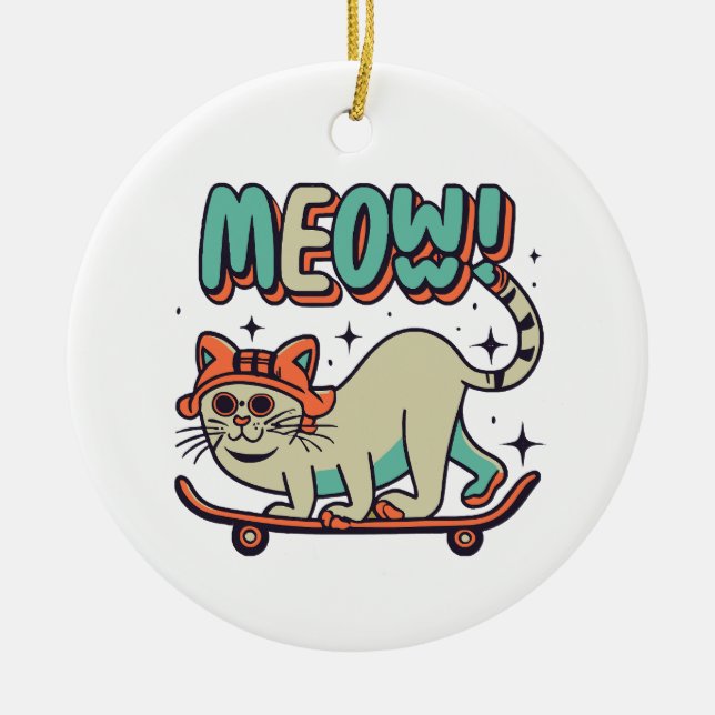Cat Skating Meow Ceramic Tree Decoration (Front)