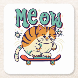 Cat Skating Meow Square Paper Coaster