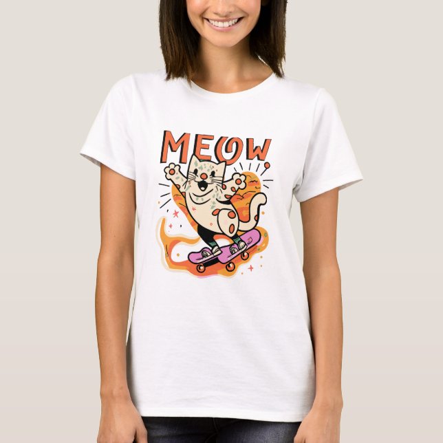 Cat Skating Meow T-Shirt (Front)