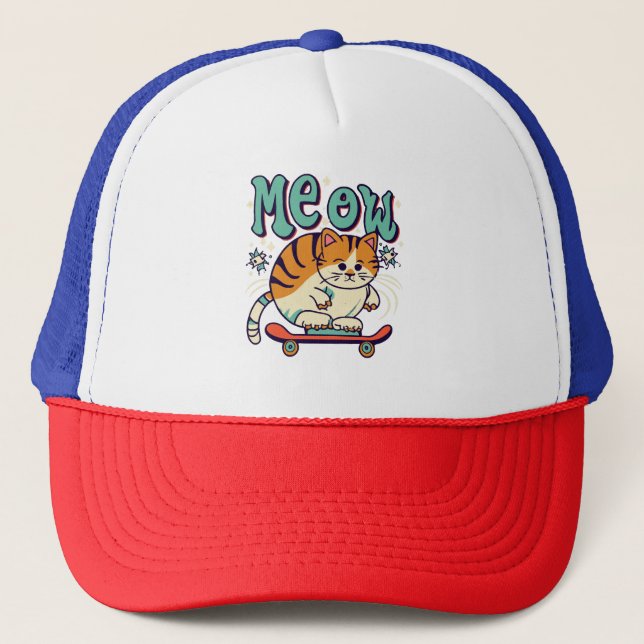 Cat Skating Meow Trucker Hat (Front)