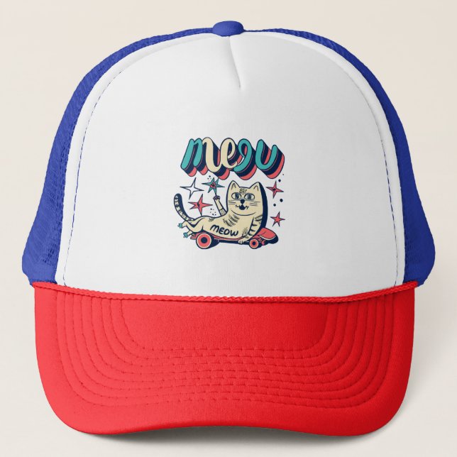 Cat Skating Meow Trucker Hat (Front)