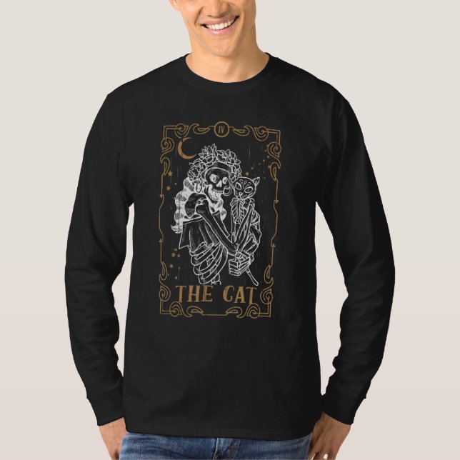 Cat Skeleton Tarot Card Pagan Goblincore Goth Occu T-Shirt (Front)