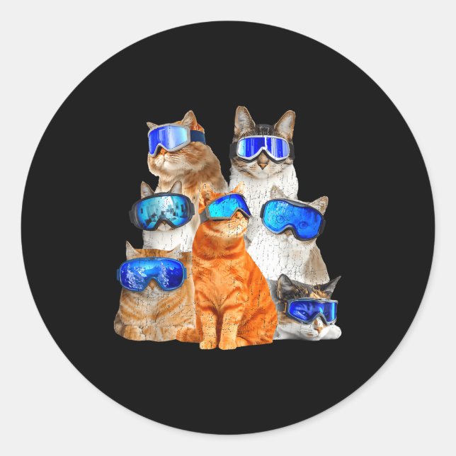Cat skiing funny  classic round sticker (Front)