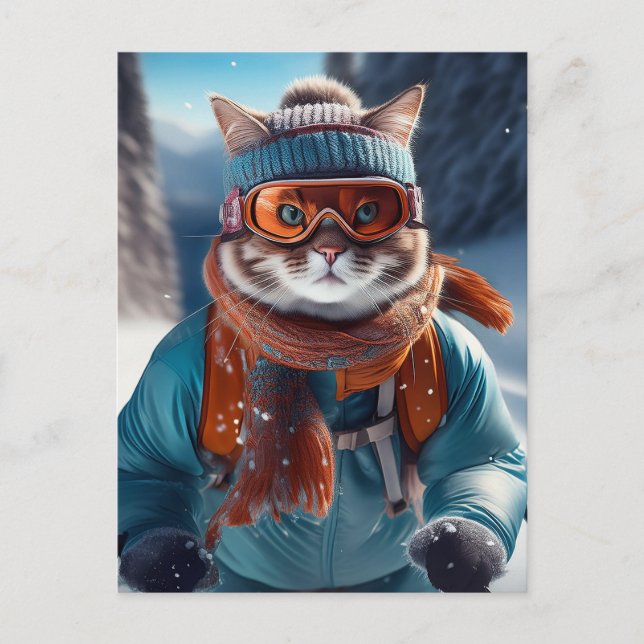 Cat skiing the snowy slopes postcard (Front)
