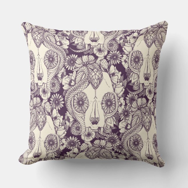 cat skull damask purple cushion (Front)