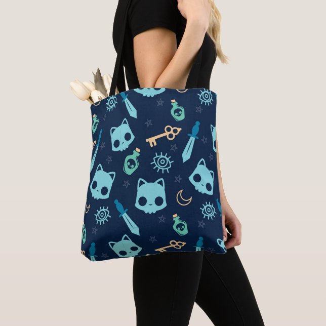 Cat Skull Dark Blue Dark Blue Skulls Pattern Pet  Tote Bag (Close Up)