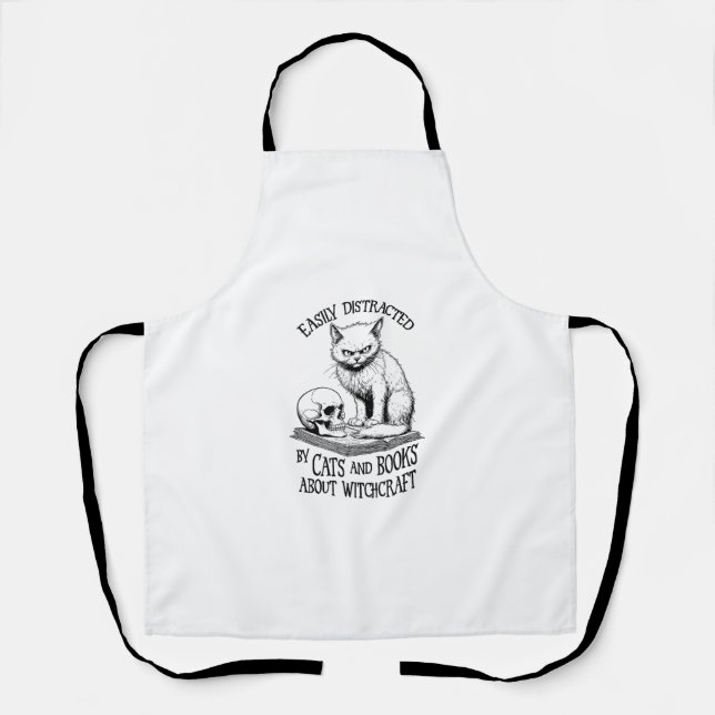 Cat Skull Halloween Easily Distracted Funny Book L Apron (Front)