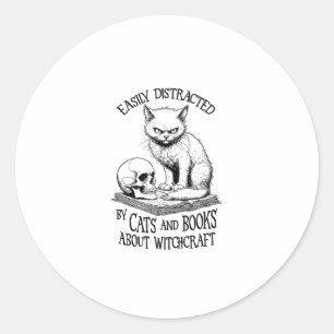 Cat Skull Halloween Easily Distracted Funny Book L Classic Round Sticker