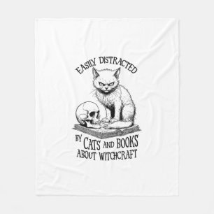 Cat Skull Halloween Easily Distracted Funny Book L Fleece Blanket